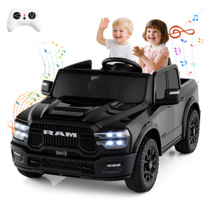 Children playing with a black toy truck resembling a RAM vehicle, with a remote control and musical notes around.