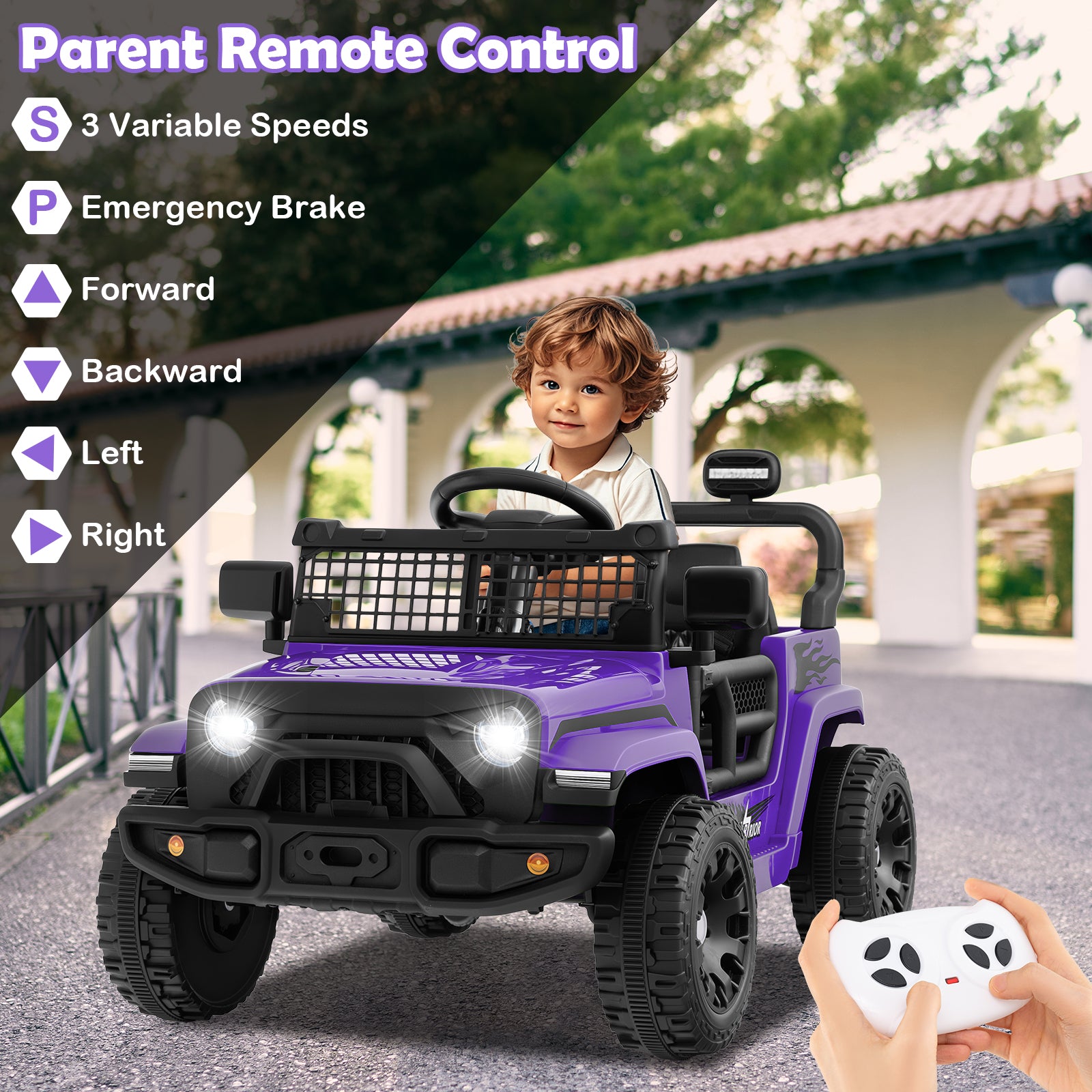 Child playing with a purple toy car outdoors, remote control in hand, with features listed on the left.