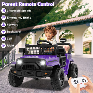 Child playing with a purple toy car outdoors, remote control in hand, with features listed on the left.