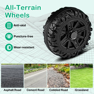 Black all-terrain wheel with features listed on a grid background, showing application on different surfaces.