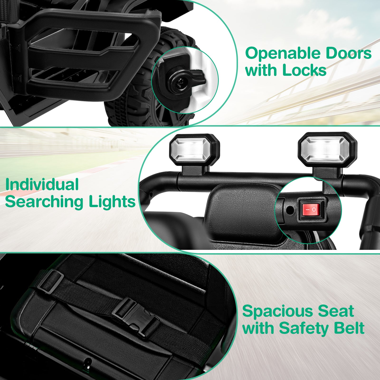 Product features including openable doors with locks, individual searching lights, and a spacious seat with safety belt.