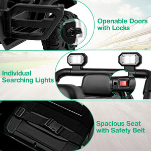 Product features including openable doors with locks, individual searching lights, and a spacious seat with safety belt.