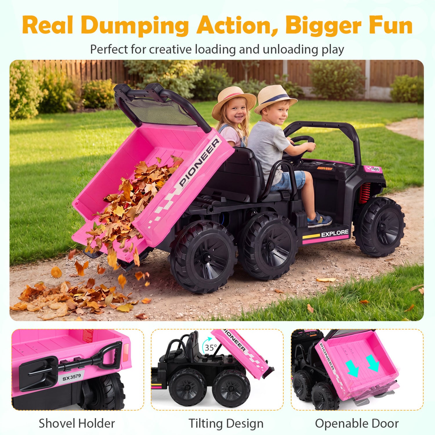 Children playing with a toy dump truck in a garden, highlighting features like real dumping action and tilting design.