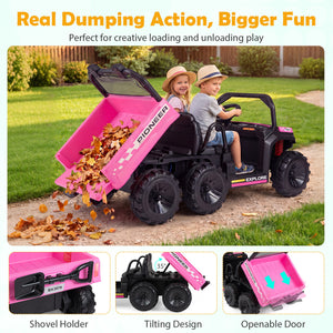 Children playing with a toy dump truck in a garden, highlighting features like real dumping action and tilting design.