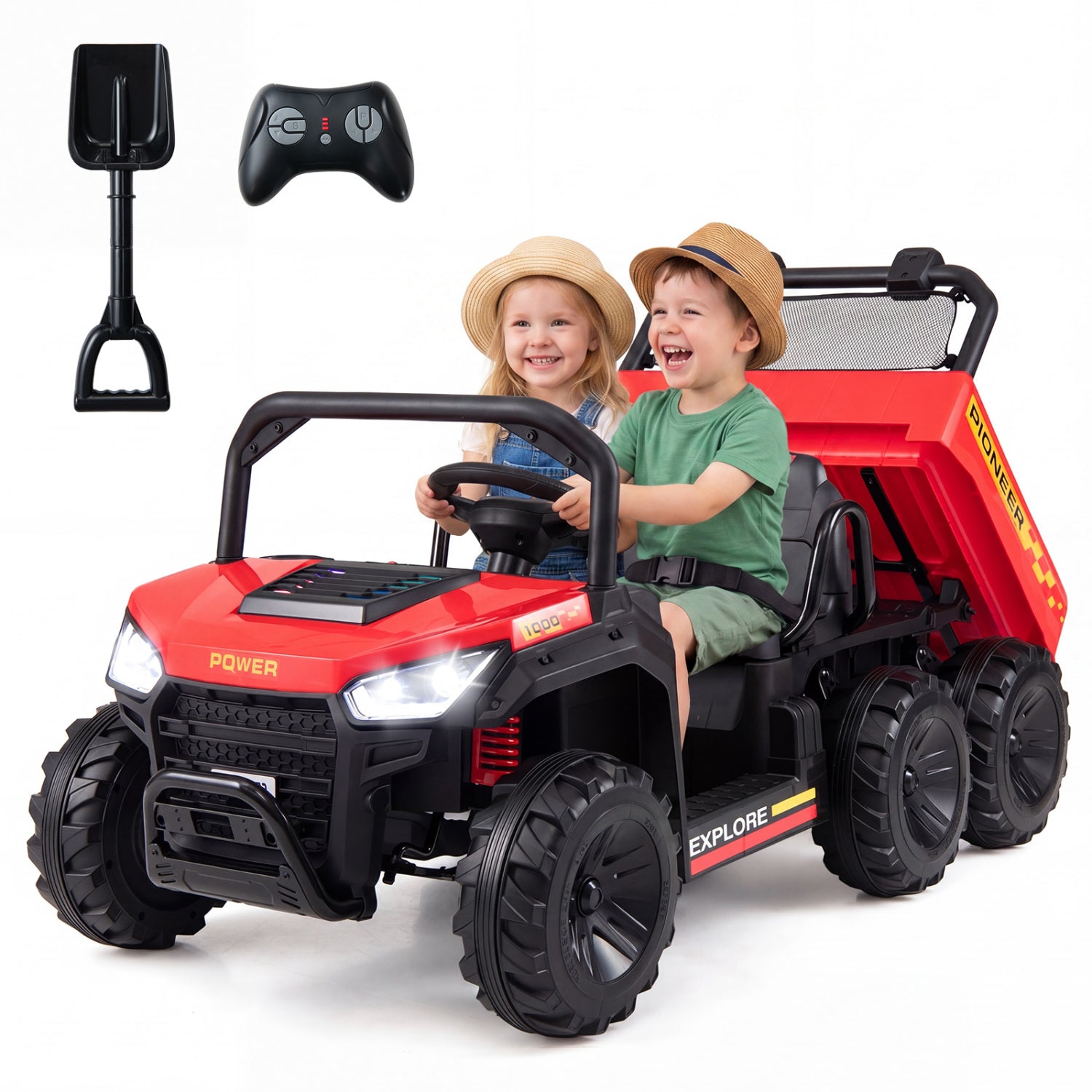 Children playing in a red toy dump truck with a remote control and shovel on a white background