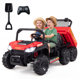 Children playing in a red toy dump truck with a remote control and shovel on a white background