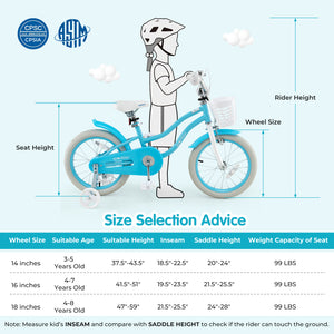 Bicycle size selection chart with measurements and age recommendations on a light blue background.
