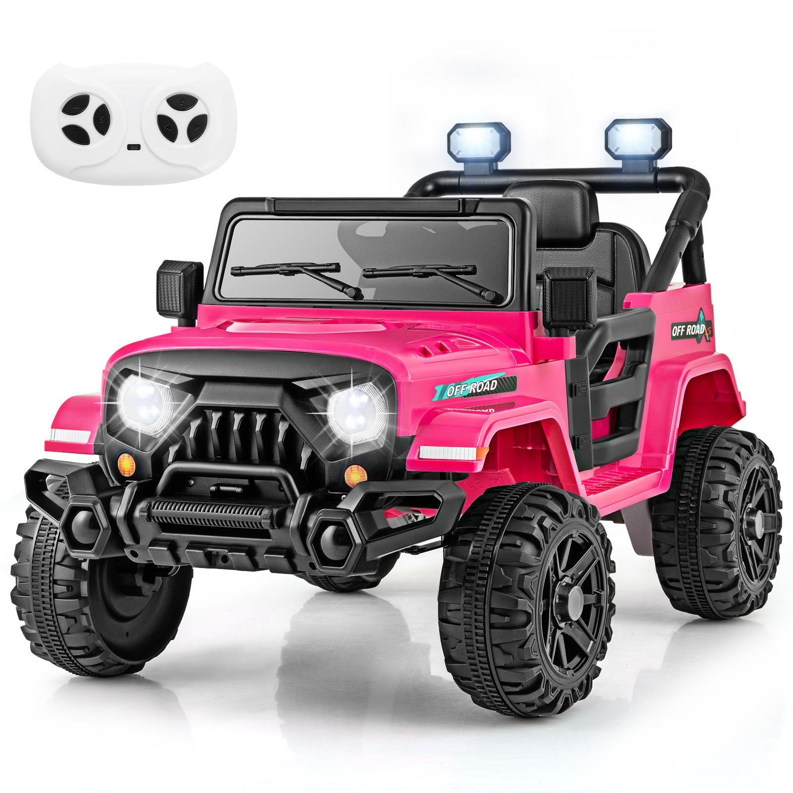 Pink toy jeep with remote control on a white background