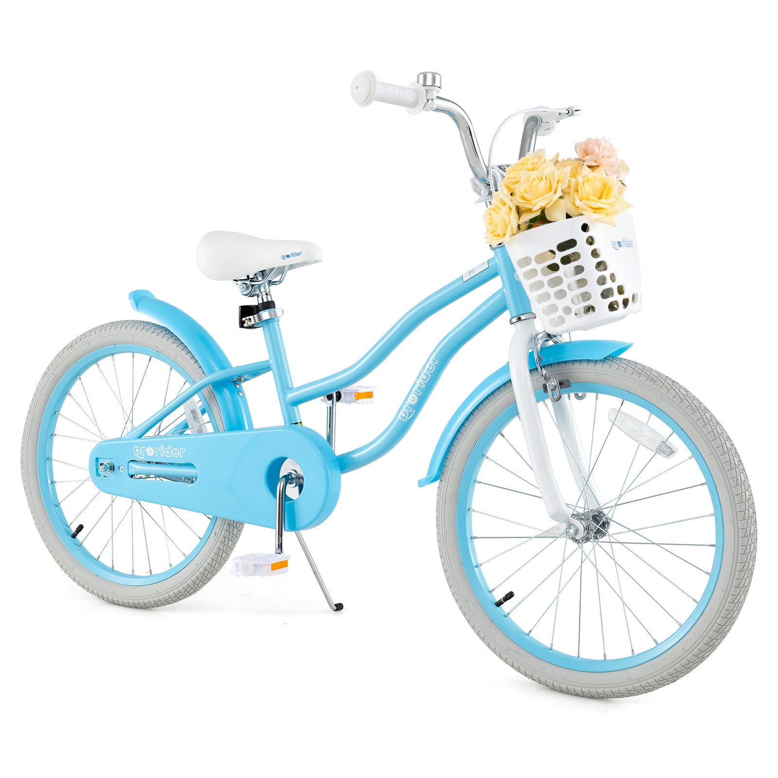 Blue children's bicycle with a white basket containing flowers on a white background