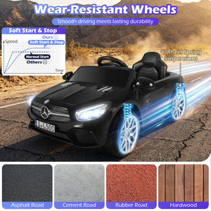 Black toy car with glowing wheels on a road, featuring wear-resistant wheels and durability text.