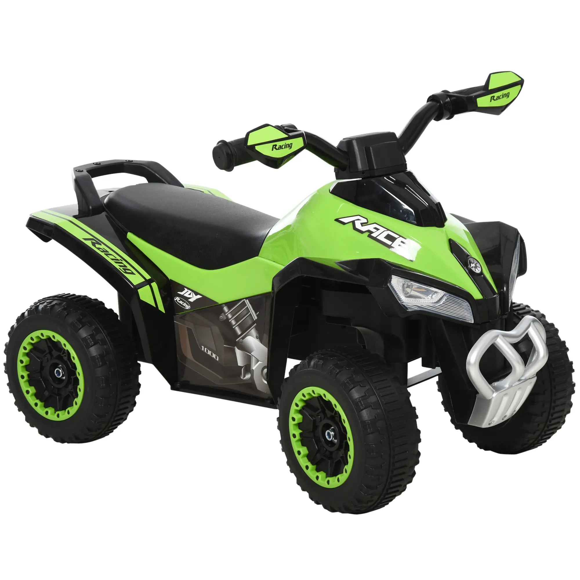 Green and black toy ATV on a white background