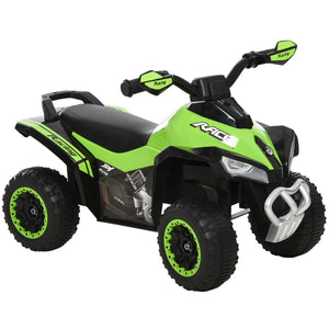 Green and black toy ATV on a white background