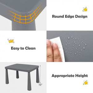 Gray children's table with round edges, easy cleaning feature, and appropriate height indicated.