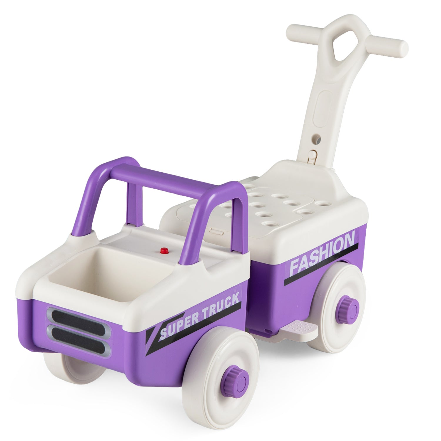 Children's toy truck with purple and white design on a white background