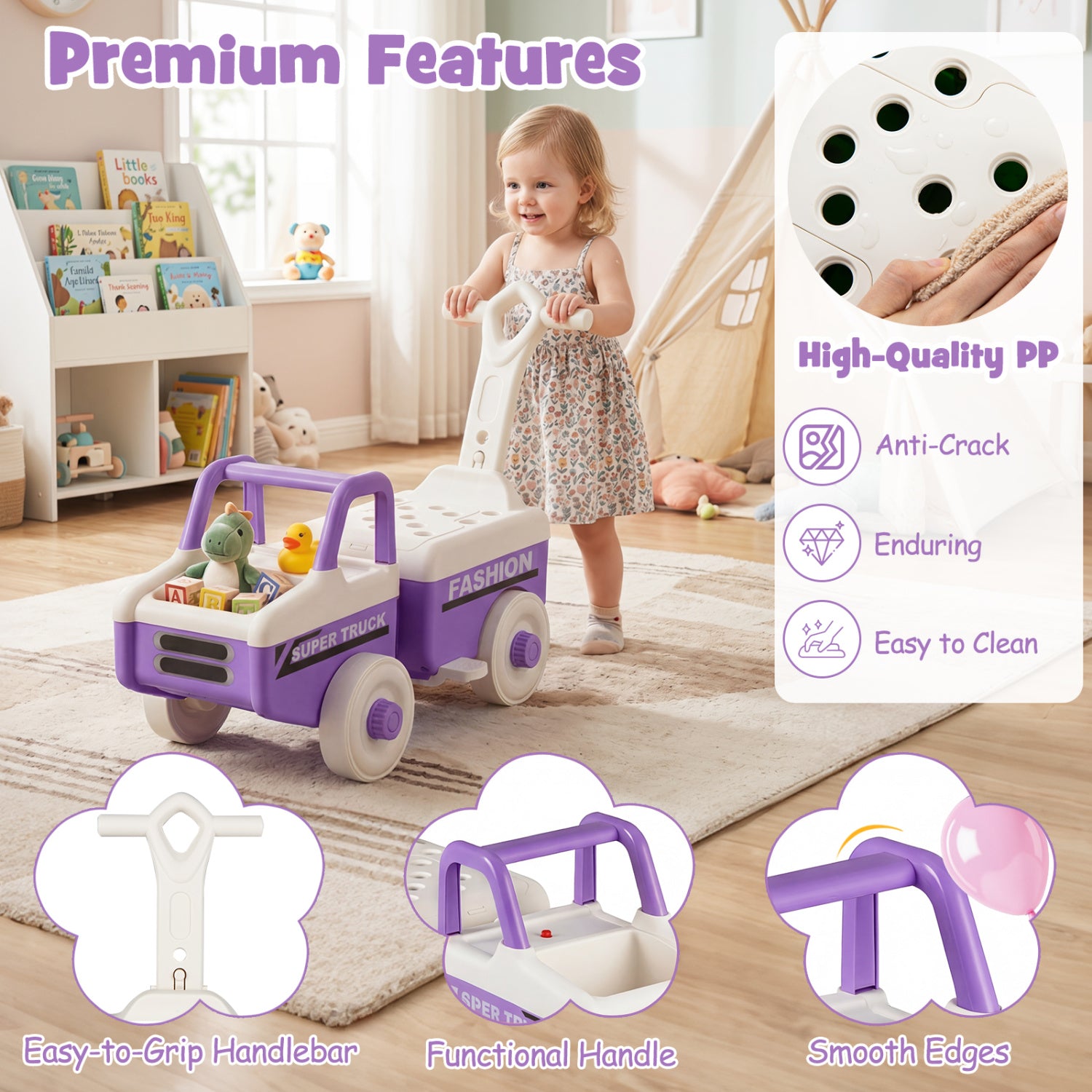 Child playing with a toy truck in a room with educational toys and books.