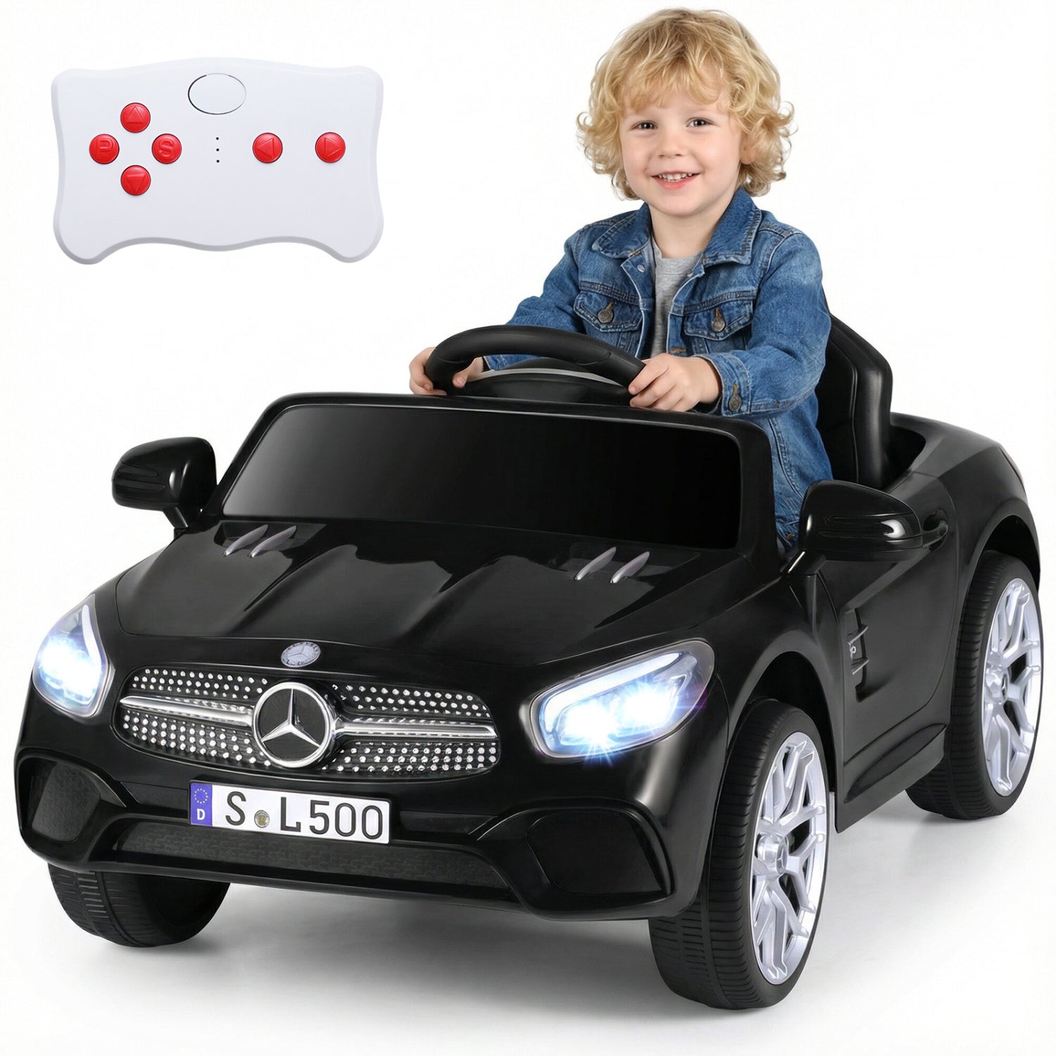 Child playing with a black toy car resembling a Mercedes-Benz SL500, with a remote control on a white background.