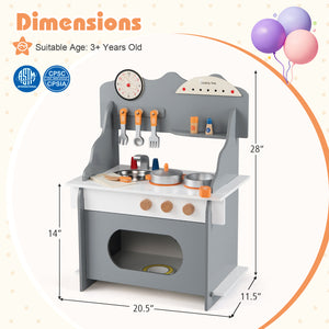 Children's toy kitchen set with dimensions and safety certification logos on a light background.