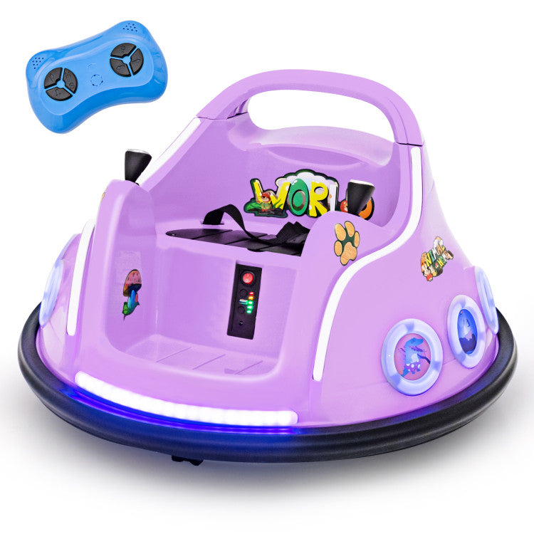Purple children's bumper car with colorful stickers and a blue remote control on a white background