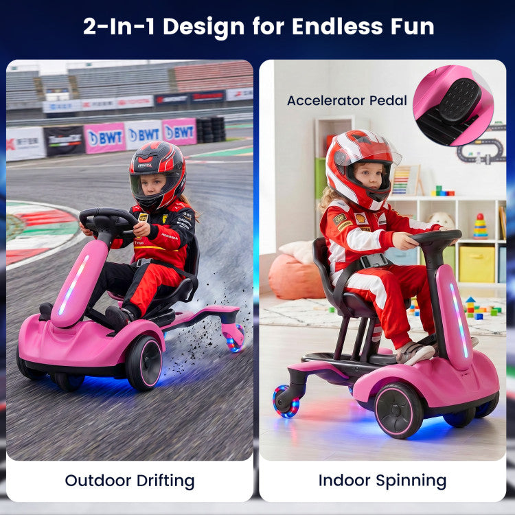 A pink children's 2-in-1 ride-on toy shown in two usage scenes on a dark blue graphic background: a child wearing a red racing suit driving it outdoors on a racetrack labeled 'Outdoor Drifting,' and the same child seated indoors on a playroom floor labeled 'Indoor Spinning.' A circular inset shows the accelerator pedal.