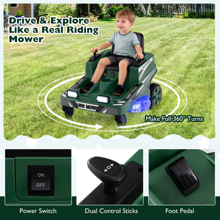 Child playing with a toy riding mower on grass, with control details shown below.
