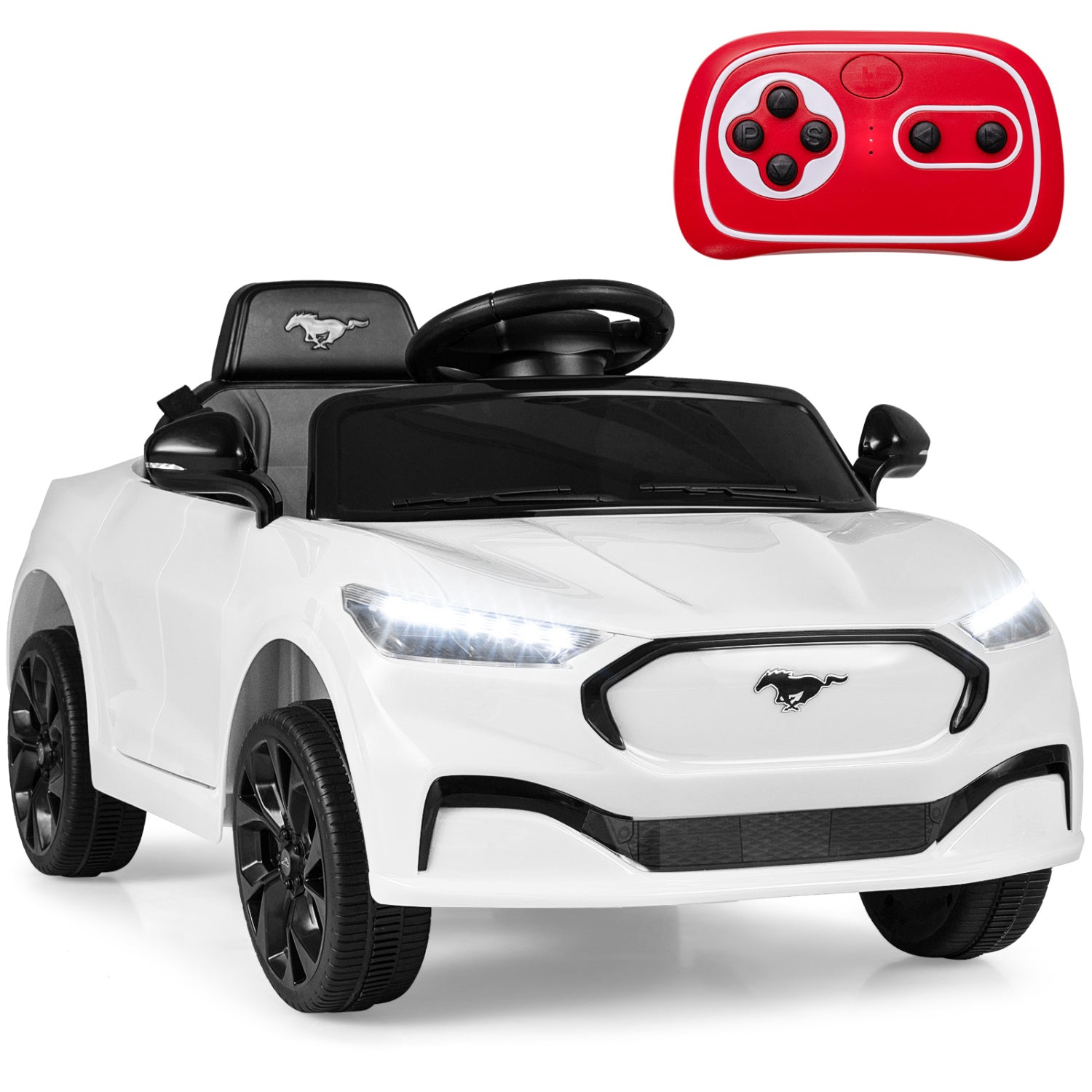 White toy car with black accents and a red remote control on a white background