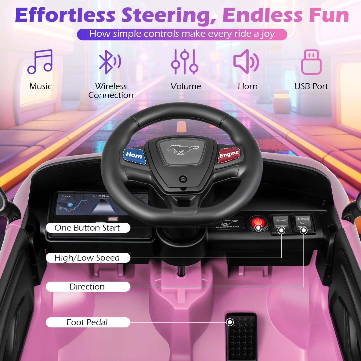 Steering wheel with control buttons and features highlighted on a pink toy car interior.