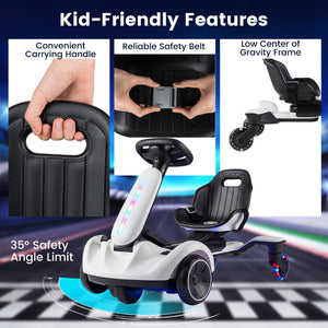 A kid-friendly kick scooter with a white body and black seat/wheels, shown with feature callout panels highlighting a carrying handle, reliable safety belt, low center of gravity frame, and 35° safety angle limit.