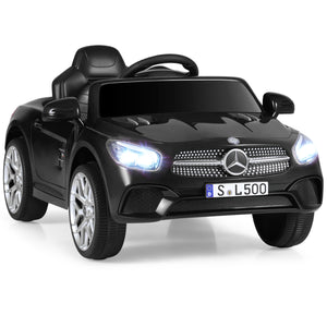 Black toy car with Mercedes-Benz logo on a white background