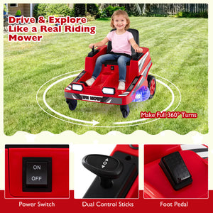 Child playing with a red toy riding mower on grass, with text highlighting features.