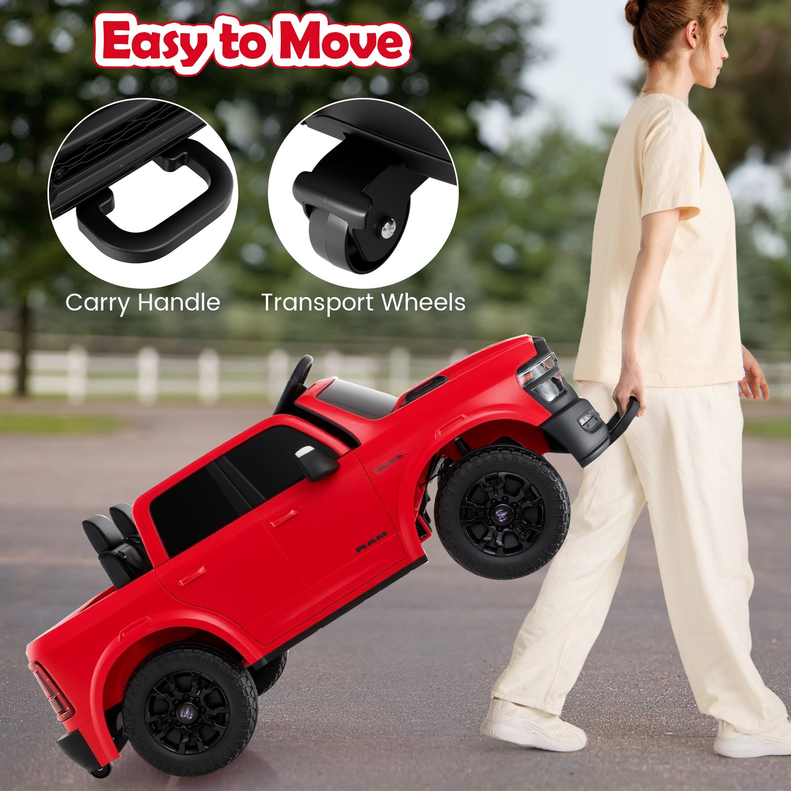 Red toy truck with carry handle and transport wheels, being moved by a person outdoors.