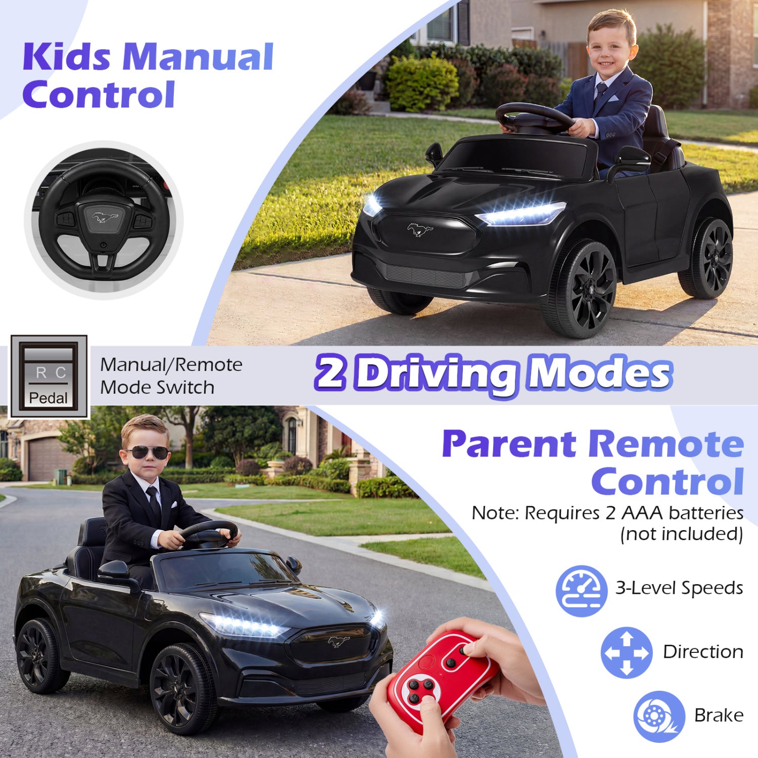 Children's electric toy car with remote control features, including manual and remote modes.