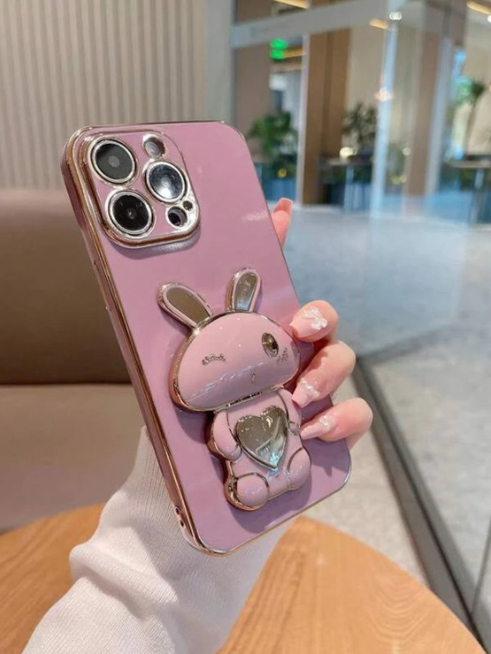 Electroplated Phone Case With Rabbit Design Holder Compatible With iPhone15/15Plus/15Pro/15Promax