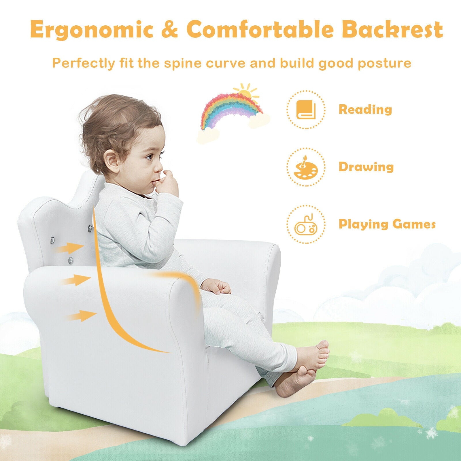 Child sitting on a white ergonomic chair with text about its benefits for reading, drawing, and playing games.