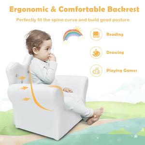 Child sitting on a white ergonomic chair with text about its benefits for reading, drawing, and playing games.