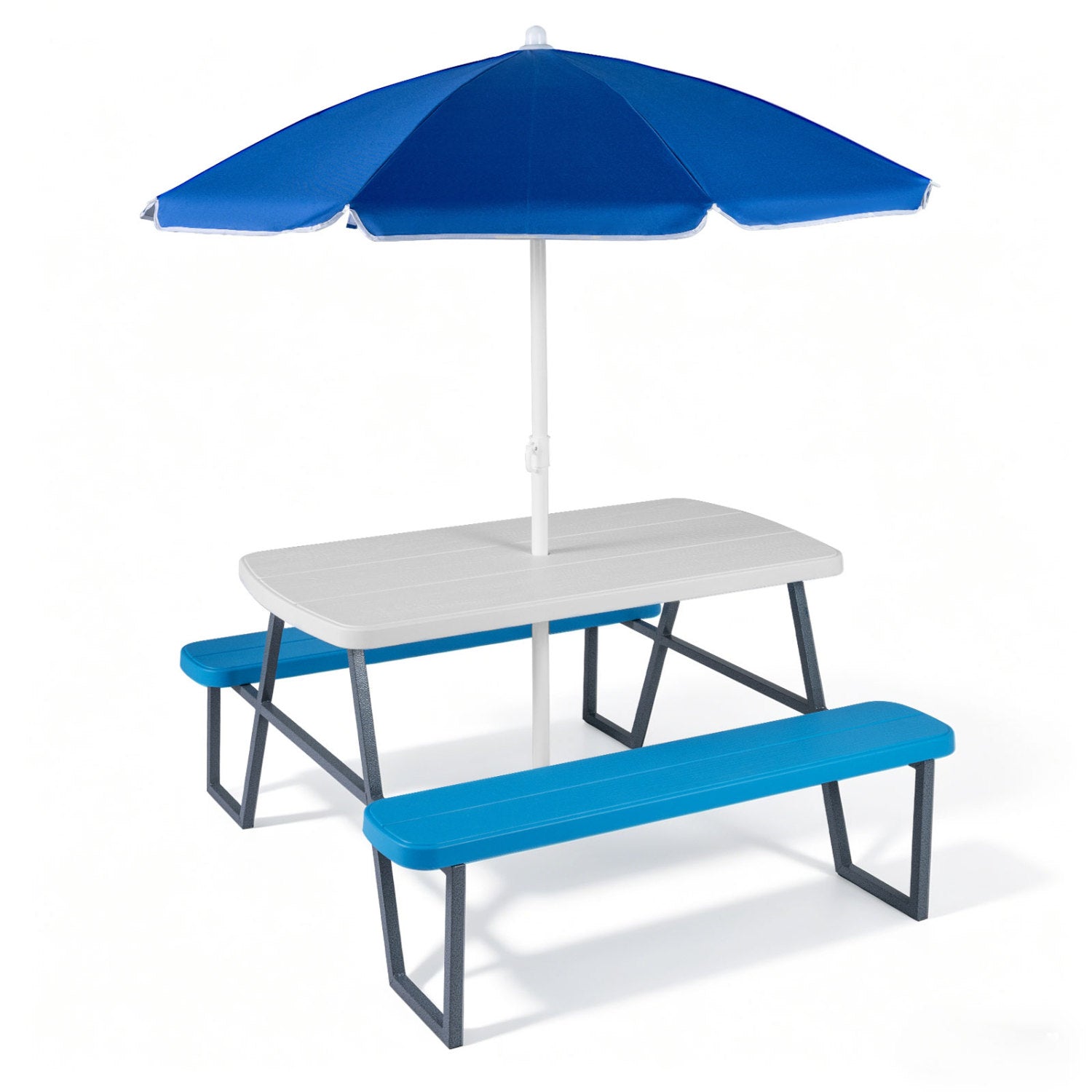 Picnic table with blue benches and umbrella on a white background