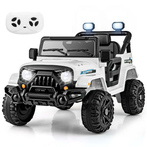 Toy off-road vehicle with lights and a remote control on a white background