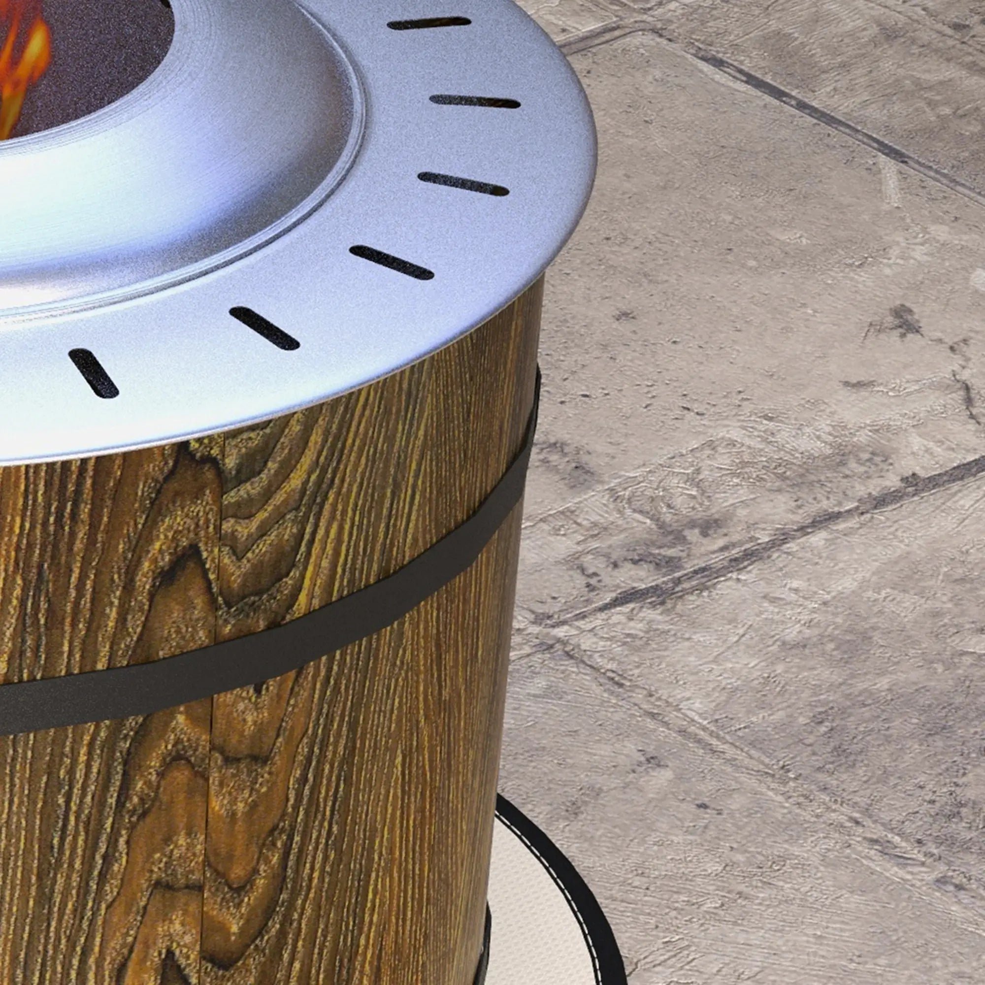 Wooden fire pit with metal top on a stone patio