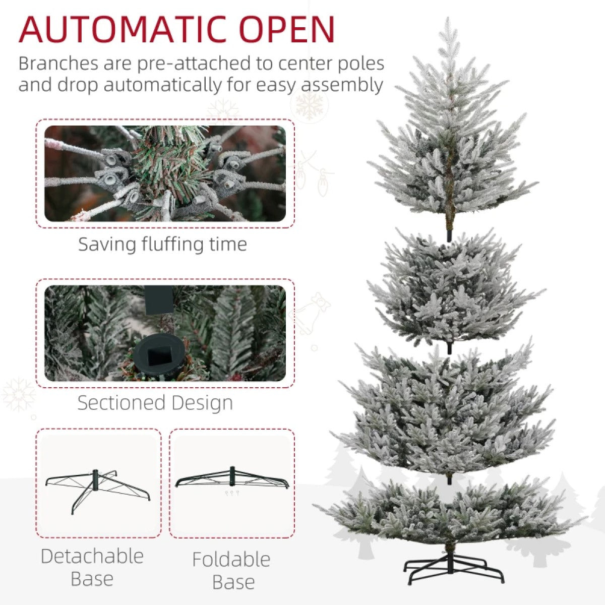 Flocked Artificial Christmas Tree - 6ft, 7.5ft, and 9ft with 795, 1218 and 1939 Tips and Steel Base