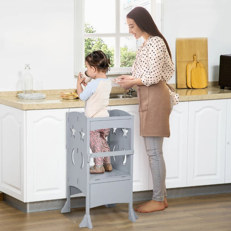 Foldable Wooden Kitchen Step Stool for Kids – Toddler Helper Tower with Safety Rail & Handles