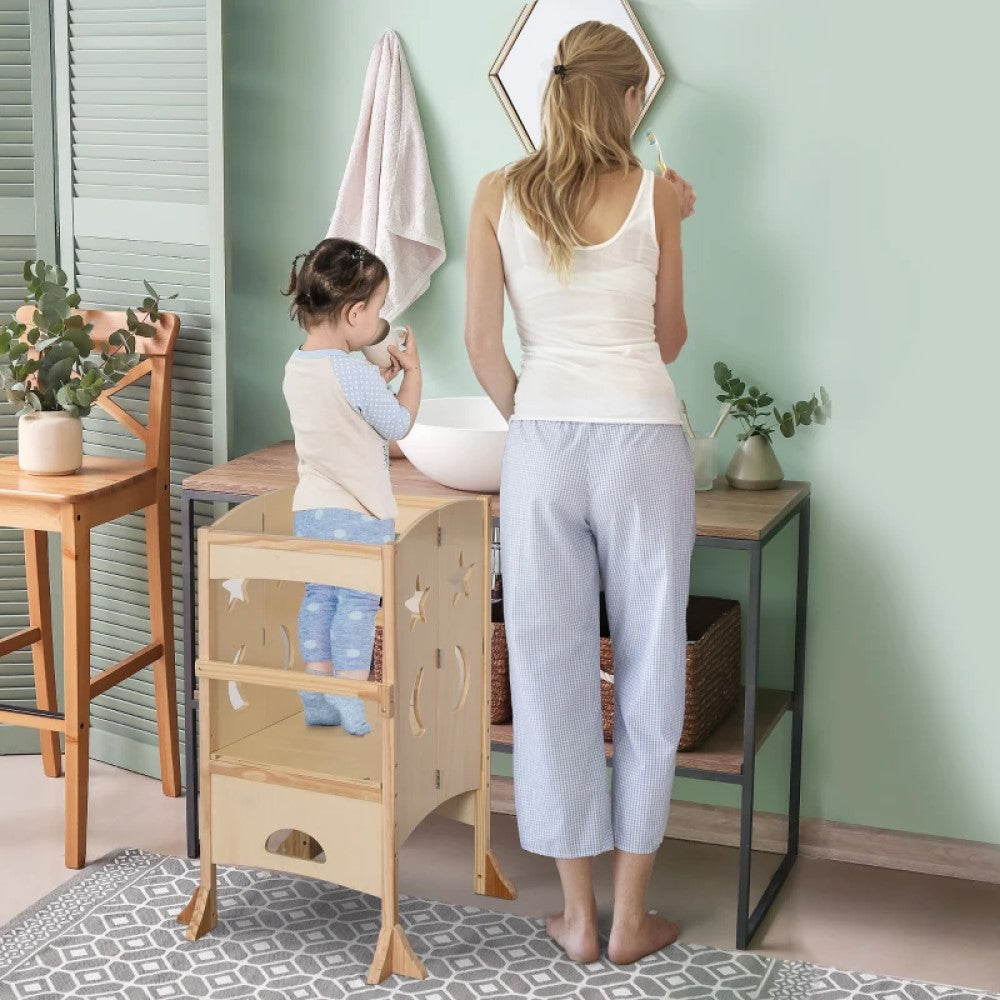 Foldable Wooden Kitchen Step Stool for Kids – Toddler Helper Tower with Safety Rail & Handles