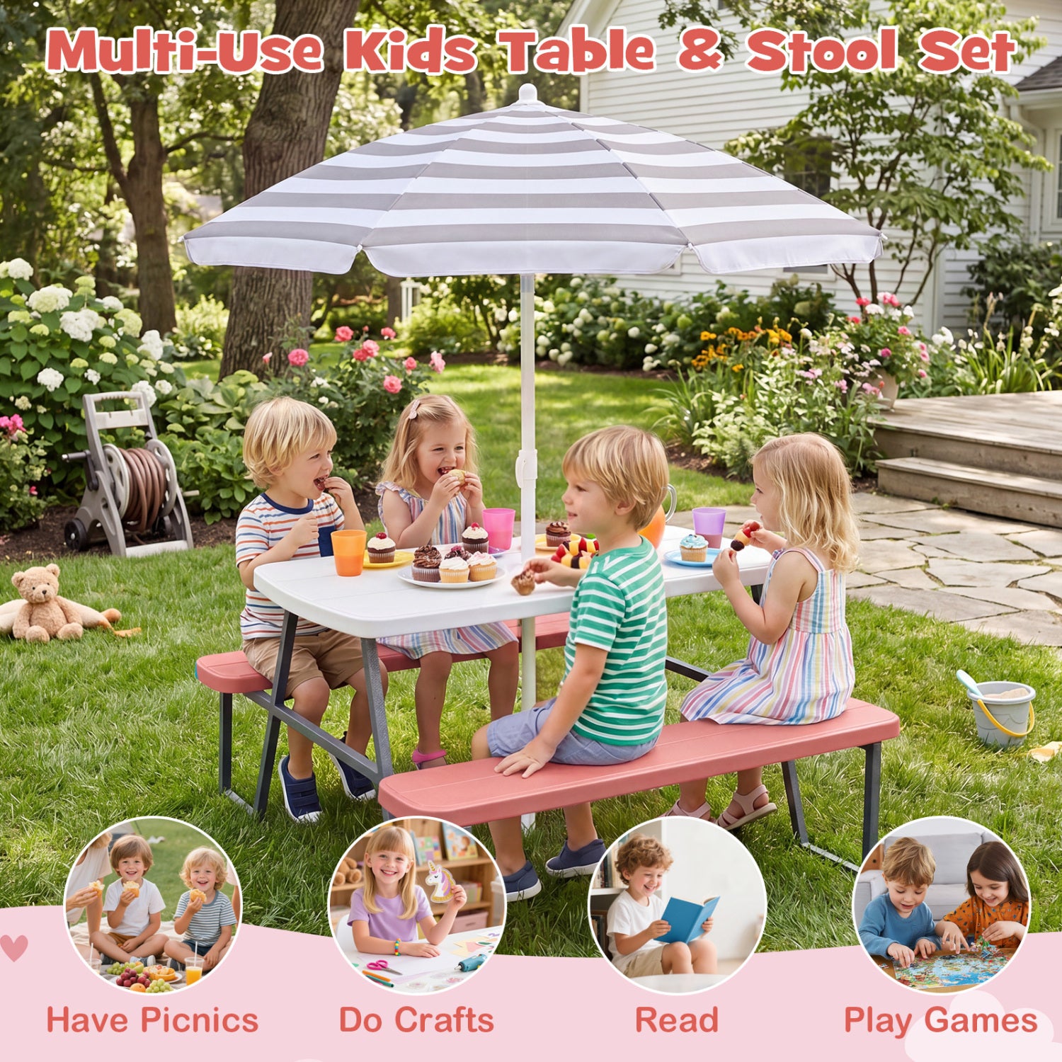 Children sitting at a kids table and stool set with an umbrella in a garden.