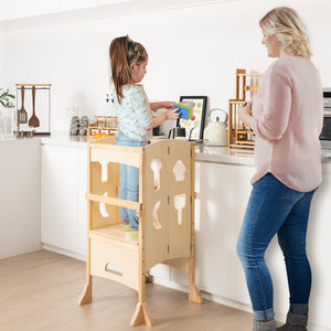 Folding Wooden Step Stool with Lockable Safety Rail for Toddlers 3+ Years