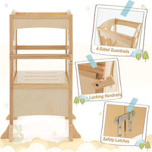 Folding Wooden Step Stool with Lockable Safety Rail for Toddlers 3+ Years