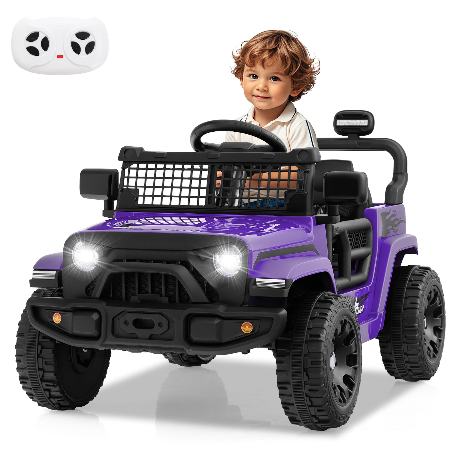 Child sitting in a purple toy jeep with remote control on a white background