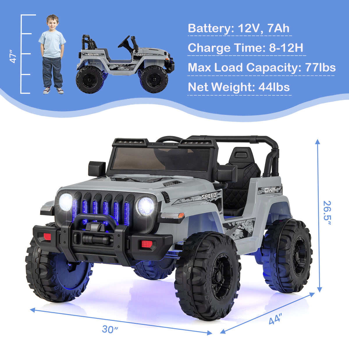 Children's toy truck with specifications on a white background