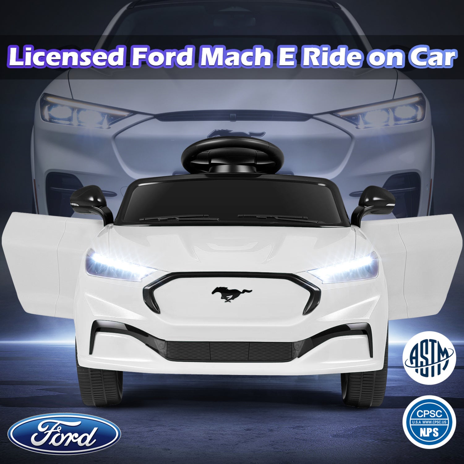 White toy car with Ford logo in front of a blurred adult-sized car, featuring ASTM and CPSC logos.