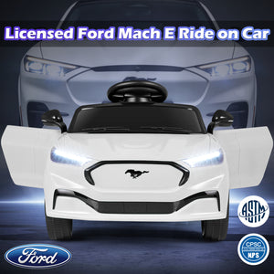 White toy car with Ford logo in front of a blurred adult-sized car, featuring ASTM and CPSC logos.