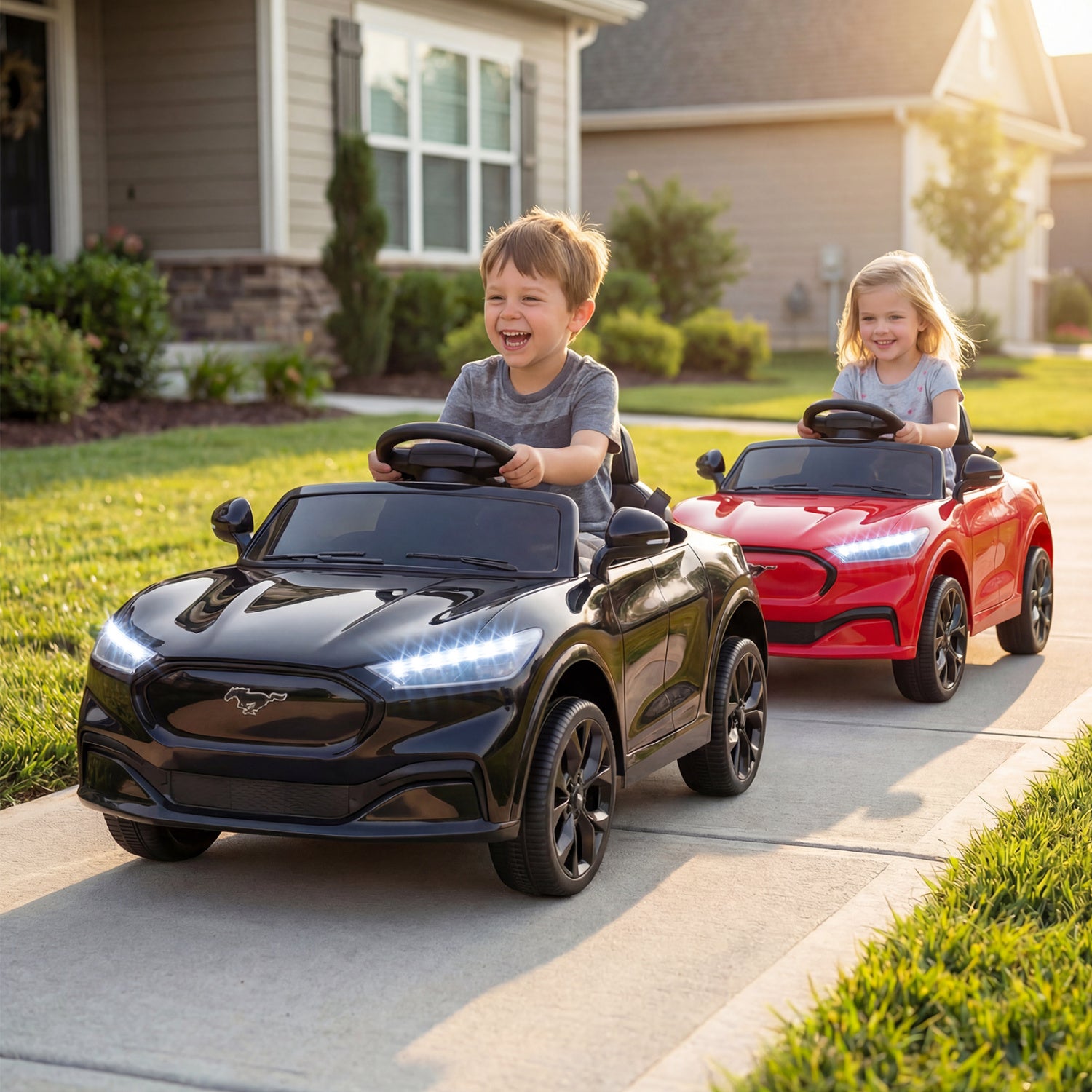 Two children playing with toy cars on a driveway in front of a house.