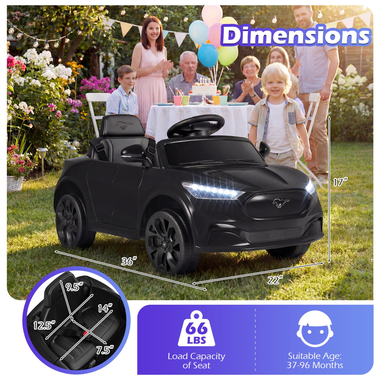 Black toy car with dimensions and weight capacity displayed, set against a garden background with people and balloons.