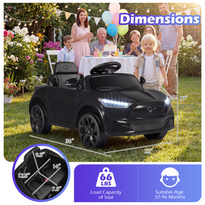 Black toy car with dimensions and weight capacity displayed, set against a garden background with people and balloons.